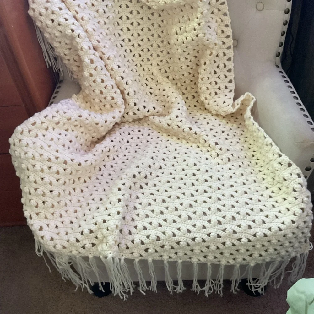 Cream Textured Furniture Cover with Fringe